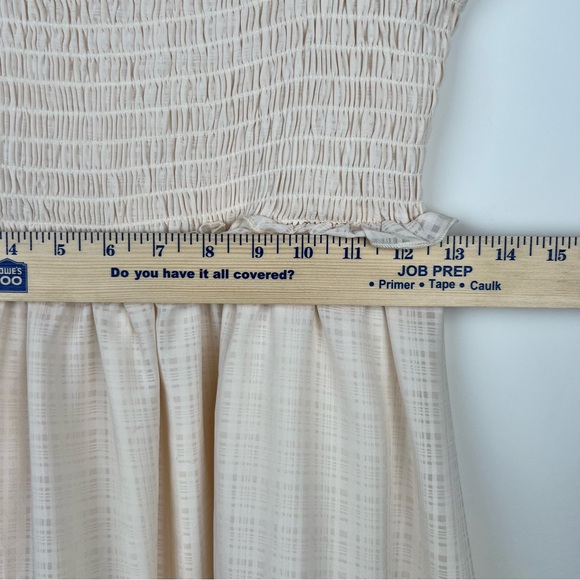 Cream Ruffle Smocked Dress Apx Size XS Boho Summer Fairycore Mini Gold Tie 0104 - Picture 5 of 7